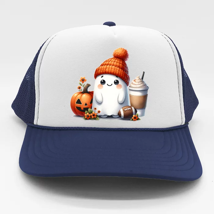 Cute Ghost With Coffee Pumpkin And Football Halloween Gift Trucker Hat