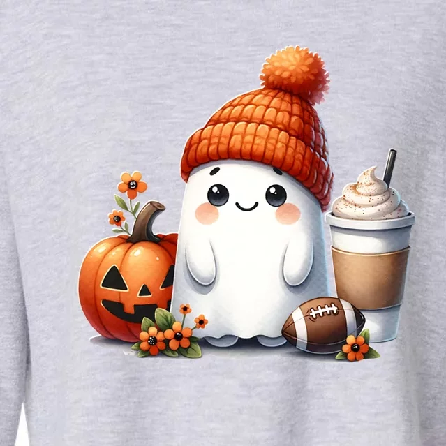 Cute Ghost With Coffee Pumpkin And Football Halloween Gift Cropped Pullover Crew