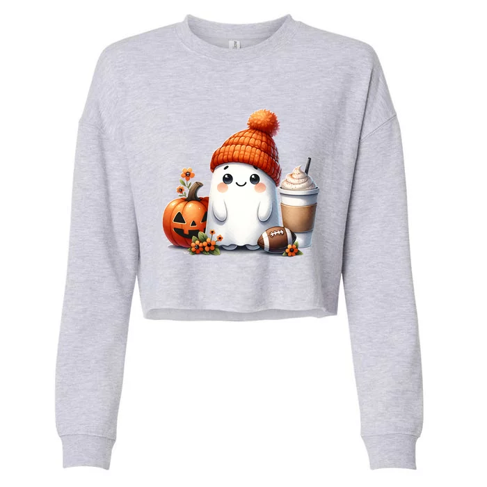 Cute Ghost With Coffee Pumpkin And Football Halloween Gift Cropped Pullover Crew