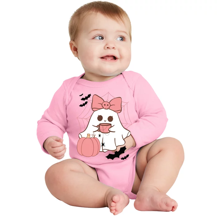 Cute Ghost With Pumpkin And Bow Baby Long Sleeve Bodysuit