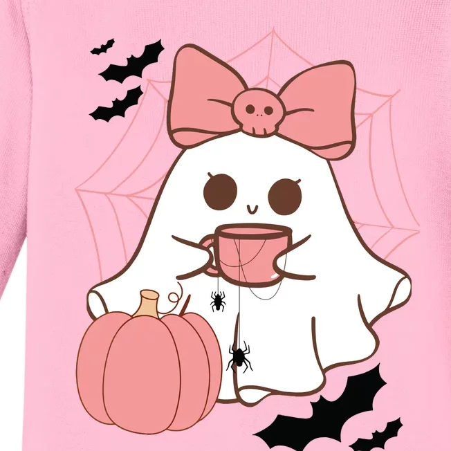 Cute Ghost With Pumpkin And Bow Baby Long Sleeve Bodysuit