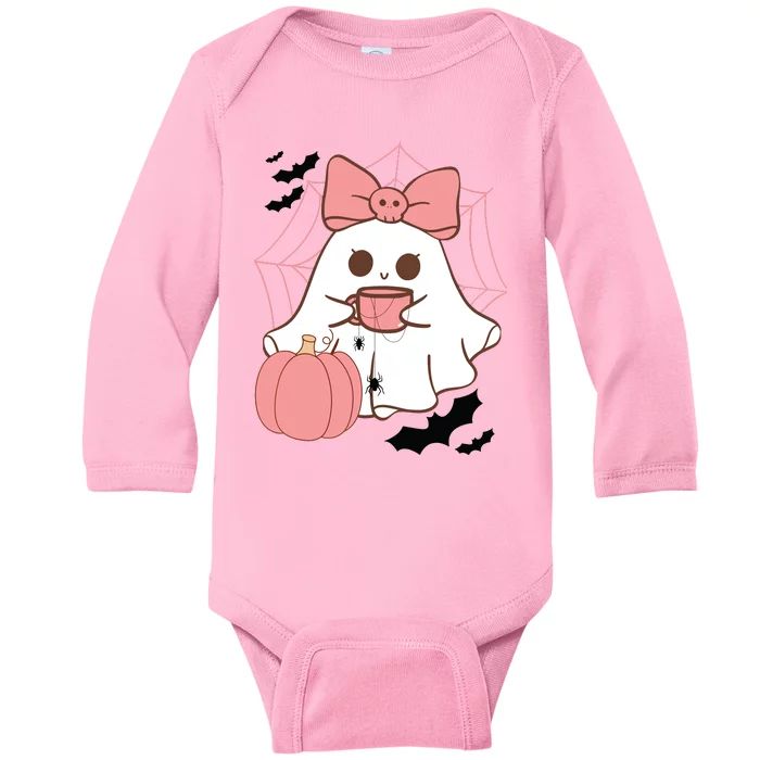 Cute Ghost With Pumpkin And Bow Baby Long Sleeve Bodysuit