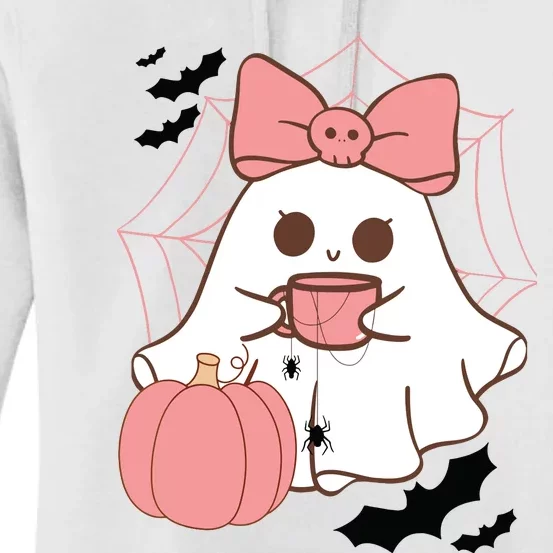 Cute Ghost With Pumpkin And Bow Women's Pullover Hoodie