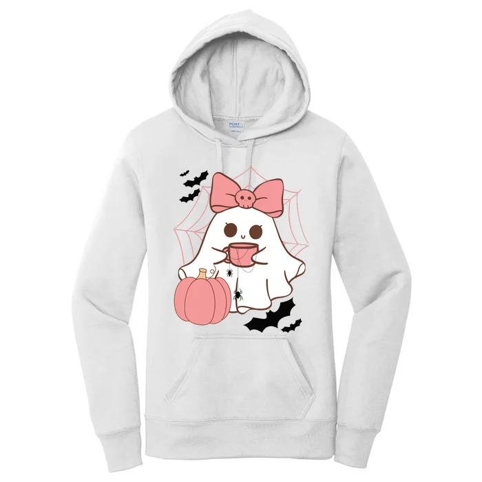 Cute Ghost With Pumpkin And Bow Women's Pullover Hoodie