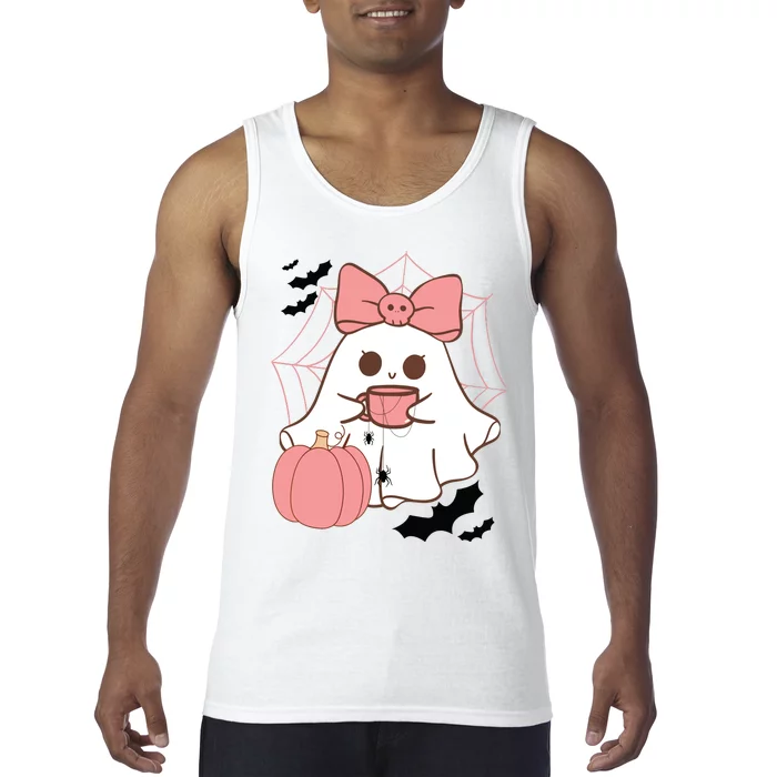 Cute Ghost With Pumpkin And Bow Tank Top