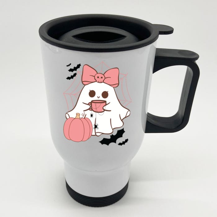 Cute Ghost With Pumpkin And Bow Front & Back Stainless Steel Travel Mug