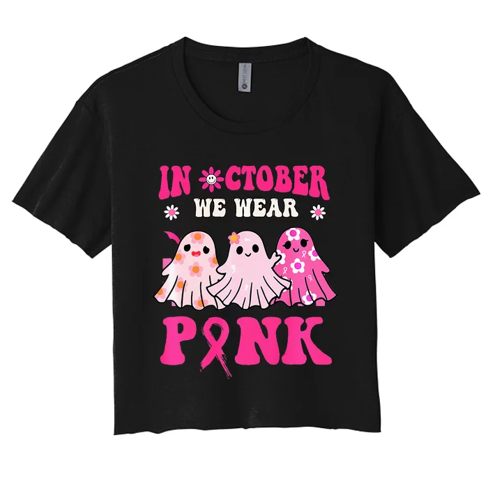 Cute Ghost Wednesday We Wear Pink Halloween Breast Cancer Women's Crop Top Tee