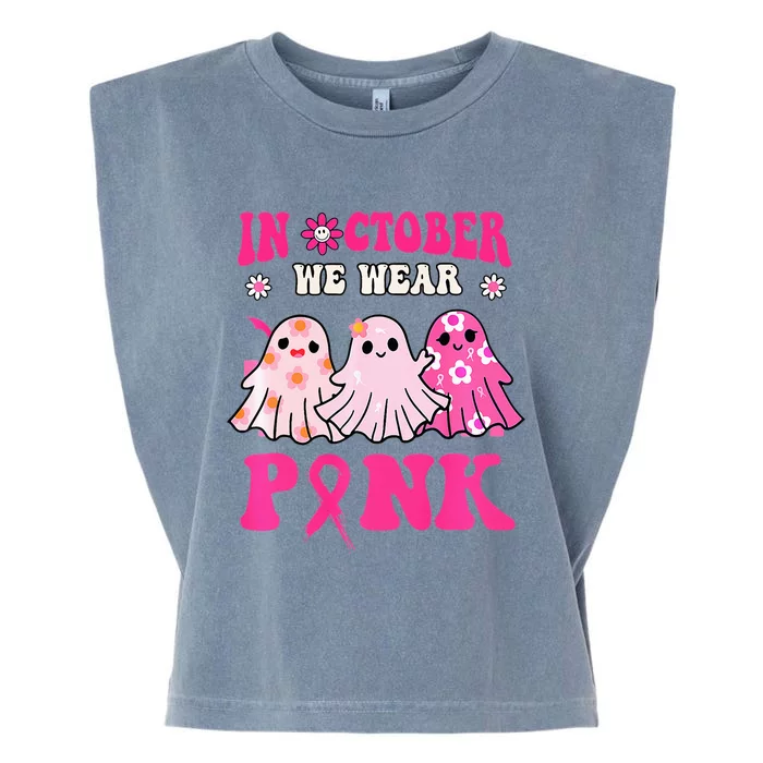 Cute Ghost Wednesday We Wear Pink Halloween Breast Cancer Garment-Dyed Women's Muscle Tee