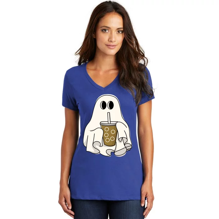 Cute Ghost With Coffee Funny Halloween Spooky Coffee Lovers Gift Women's V-Neck T-Shirt