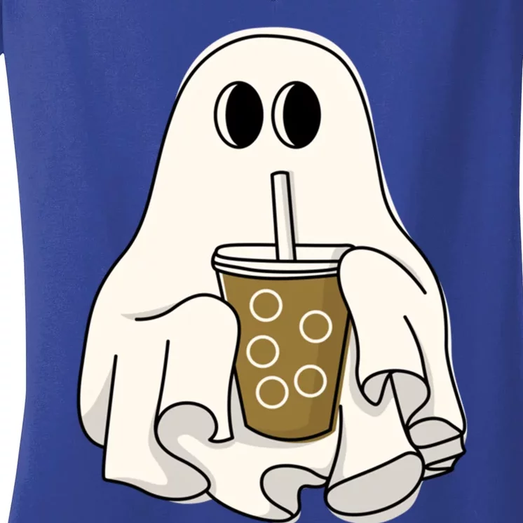 Cute Ghost With Coffee Funny Halloween Spooky Coffee Lovers Gift Women's V-Neck T-Shirt