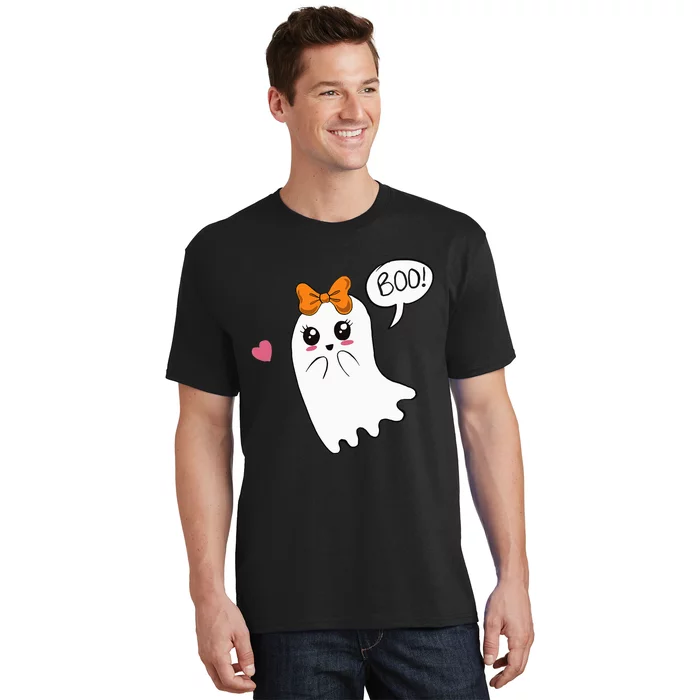 Cute Ghost with Bow Saying Boo Halloween Heart T-Shirt