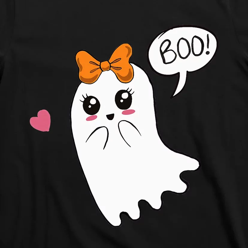 Cute Ghost with Bow Saying Boo Halloween Heart T-Shirt