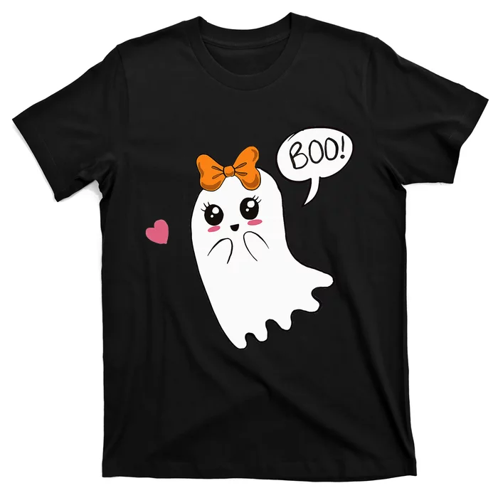 Cute Ghost with Bow Saying Boo Halloween Heart T-Shirt