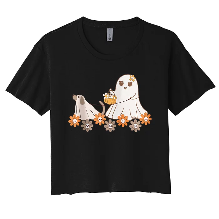 Cute Ghost Walking Dog Women's Crop Top Tee