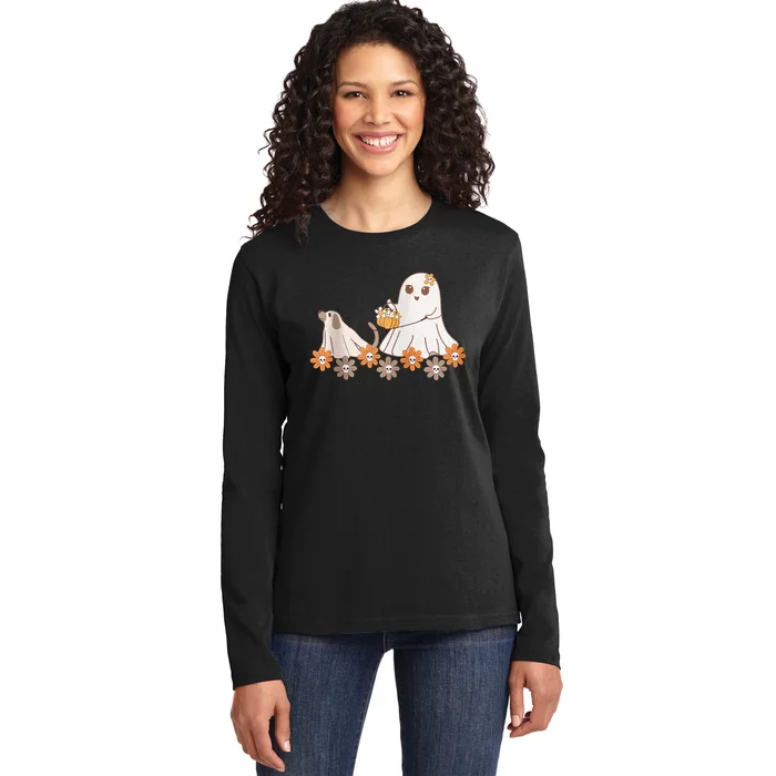 Cute Ghost Walking Dog Ladies Long Sleeve Shirt