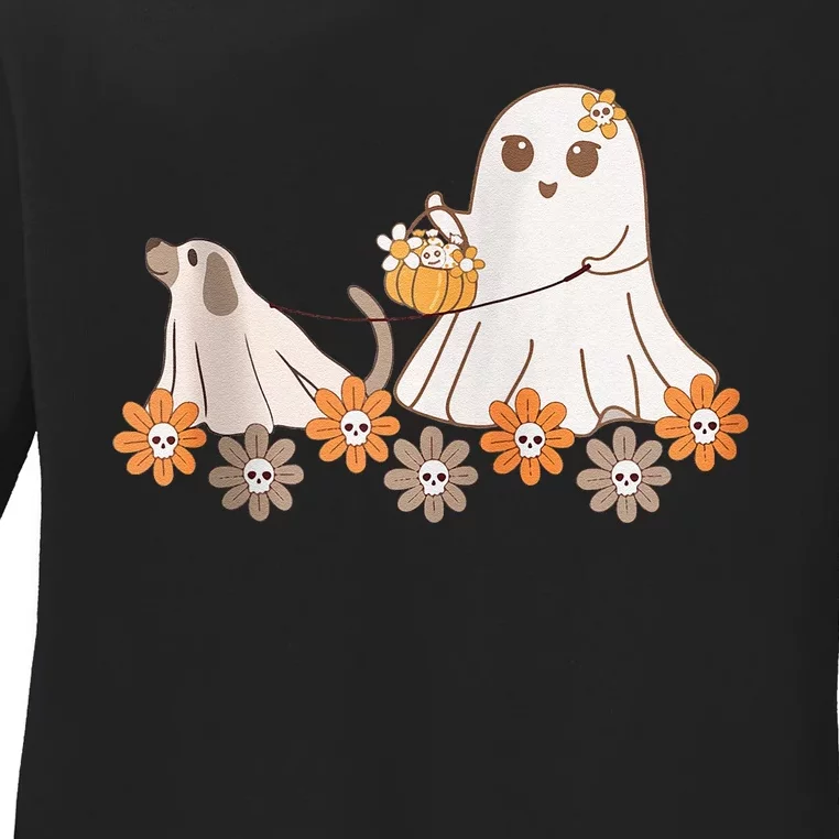 Cute Ghost Walking Dog Ladies Long Sleeve Shirt