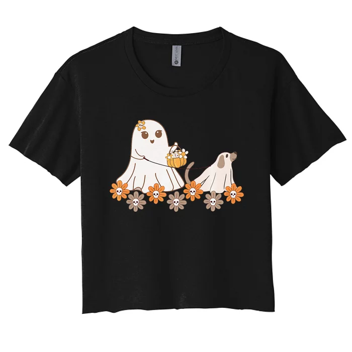 Cute Ghost Walking Dog Women's Crop Top Tee