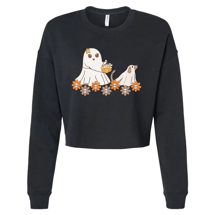 Cute Ghost Walking Dog Cropped Pullover Crew