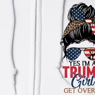 Cute Gift Yes IM A Trump Girl Get Over Trump 2024 Messy Bun Leopard Full Zip Hoodie