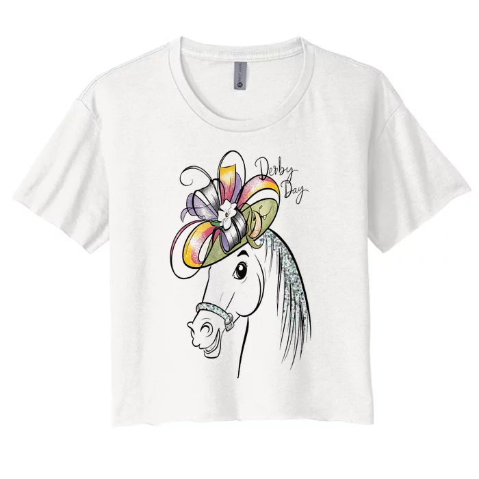 Cute Horse 150th Derby Day 2024 Horse Racing Fascinator Hat Women's Crop Top Tee