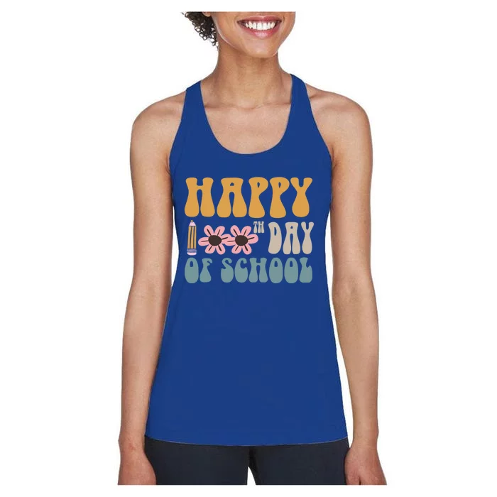 Cute Happy 100th Day Of School Teacher 100 Days Flowers Gift Women's Racerback Tank