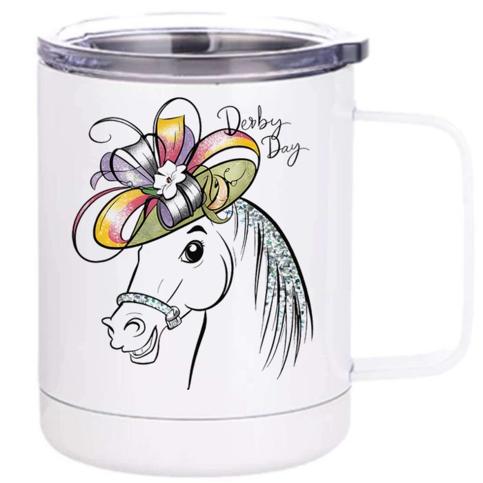 Cute Horse 150th Derby Day 2024 Horse Racing Fascinator Hat Gift Front & Back 12oz Stainless Steel Tumbler Cup