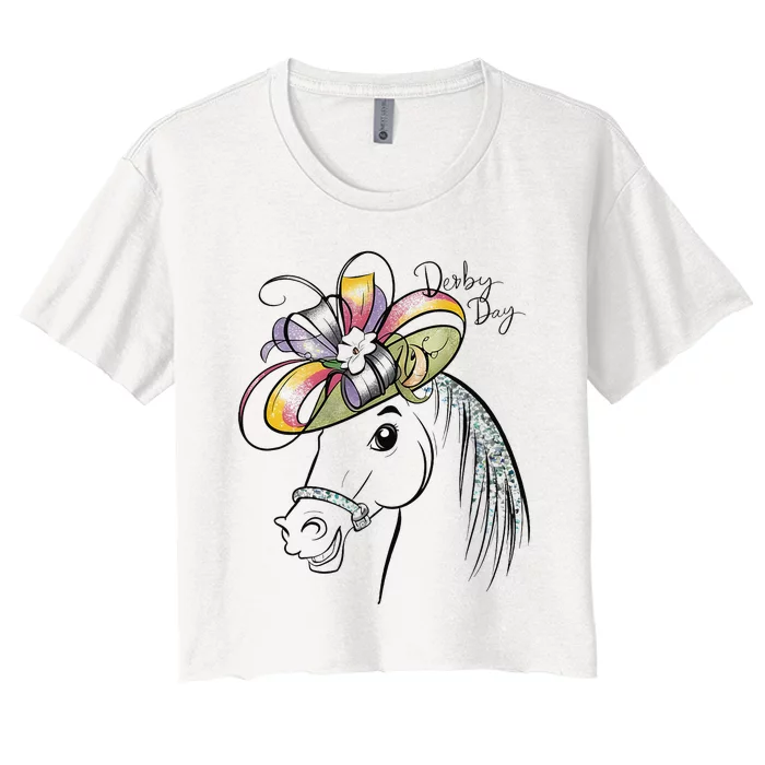 Cute Horse 150th Derby Day 2024 Horse Racing Fascinator Hat Gift Women's Crop Top Tee