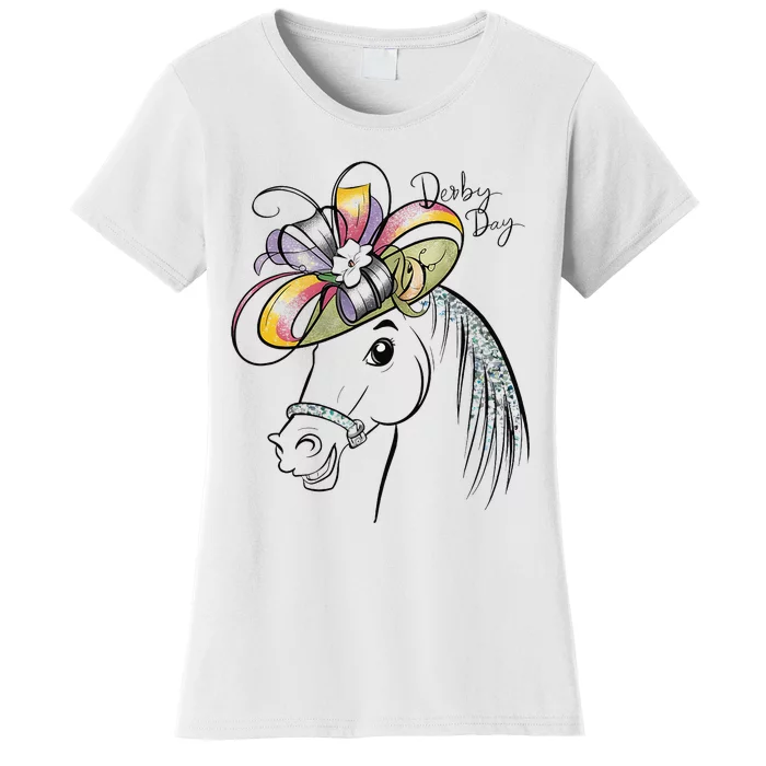 Cute Horse 150th Derby Day 2024 Horse Racing Fascinator Hat Gift Women's T-Shirt