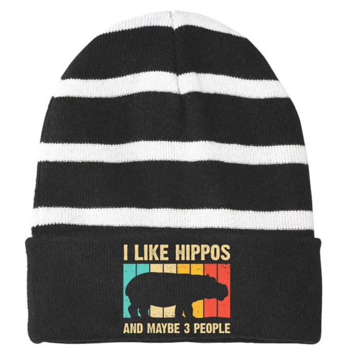 Cool Hippo Art Hippopotamus Hippo Lover Striped Beanie with Solid Band