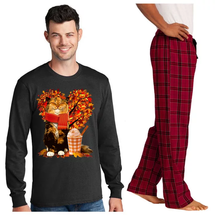 Cute Happy Autumn Cat With Pumpkin Spice Drink Fall Lover Long Sleeve Pajama Set