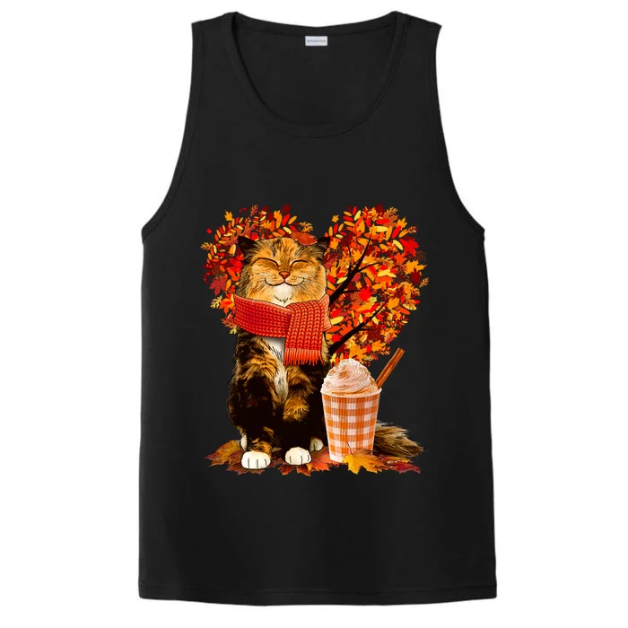 Cute Happy Autumn Cat With Pumpkin Spice Drink Fall Lover Performance Tank