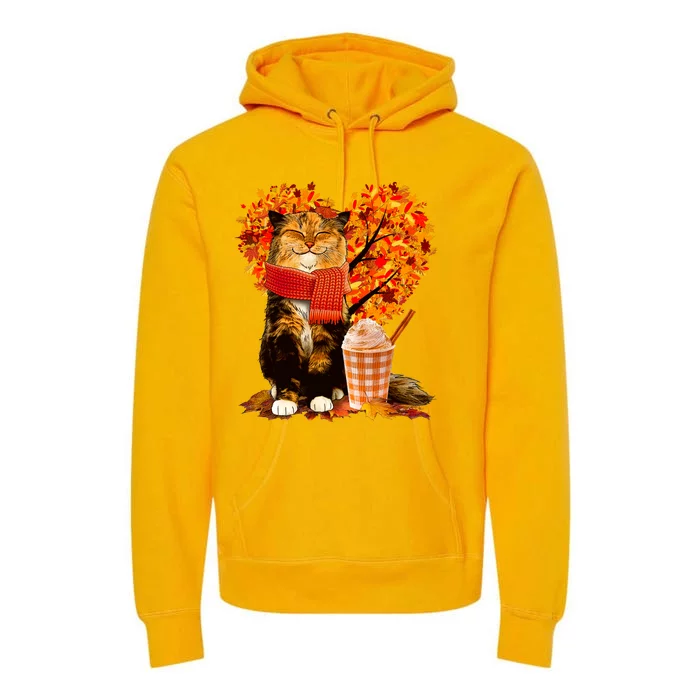 Cute Happy Autumn Cat With Pumpkin Spice Drink Fall Lover Premium Hoodie