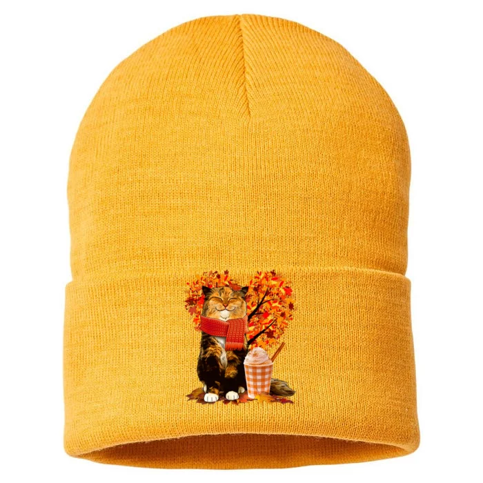 Cute Happy Autumn Cat With Pumpkin Spice Drink Fall Lover Sustainable Knit Beanie