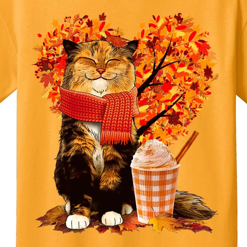 Cute Happy Autumn Cat With Pumpkin Spice Drink Fall Lover Kids T-Shirt