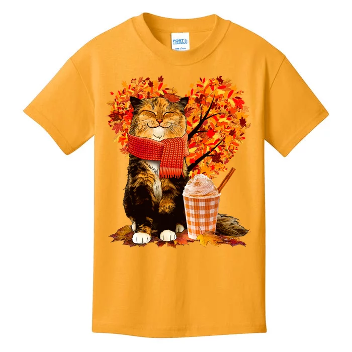 Cute Happy Autumn Cat With Pumpkin Spice Drink Fall Lover Kids T-Shirt