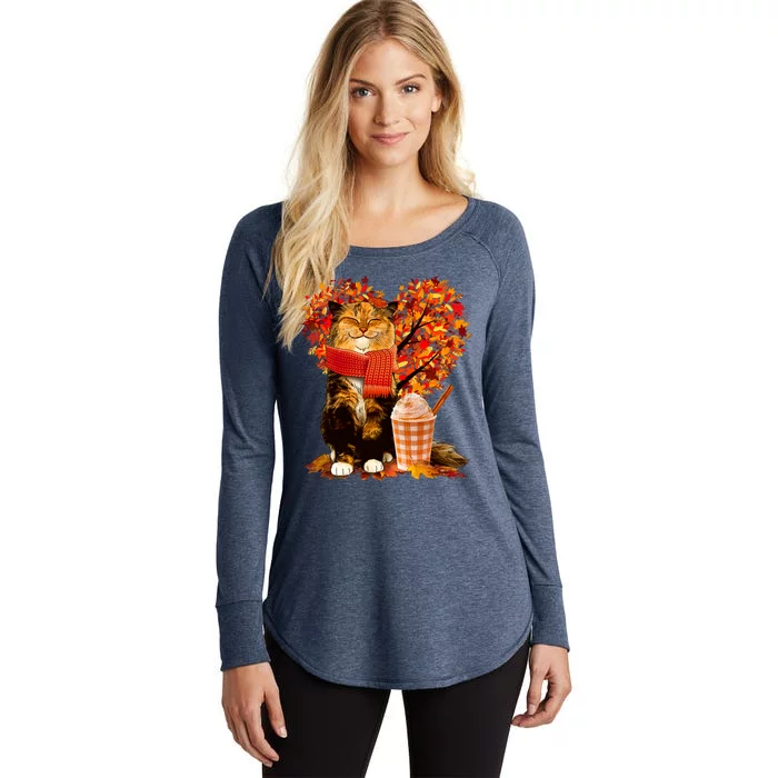 Cute Happy Autumn Cat With Pumpkin Spice Drink Fall Lover Women's Perfect Tri Tunic Long Sleeve Shirt