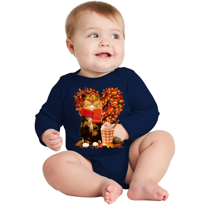 Cute Happy Autumn Cat With Pumpkin Spice Drink Fall Lover Baby Long Sleeve Bodysuit