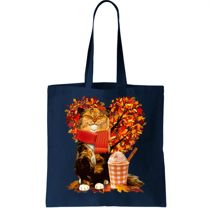 Cute Happy Autumn Cat With Pumpkin Spice Drink Fall Lover Tote Bag