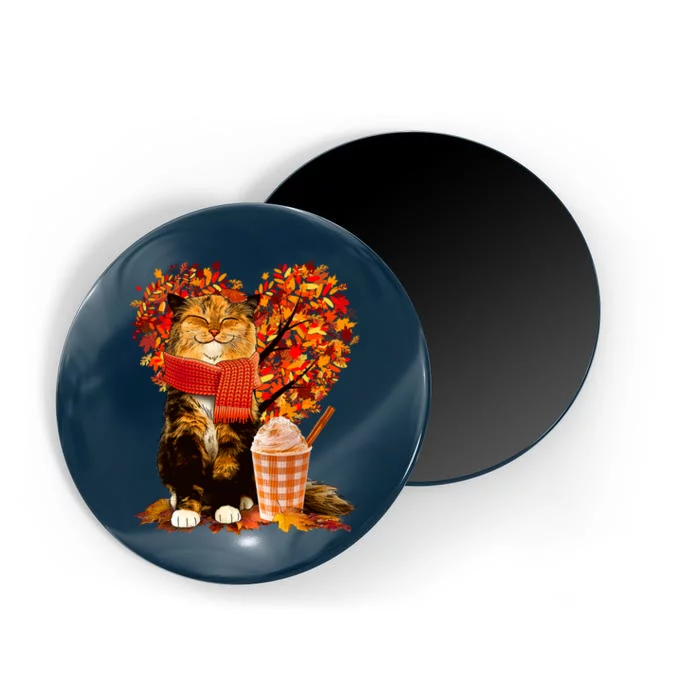 Cute Happy Autumn Cat With Pumpkin Spice Drink Fall Lover Magnet