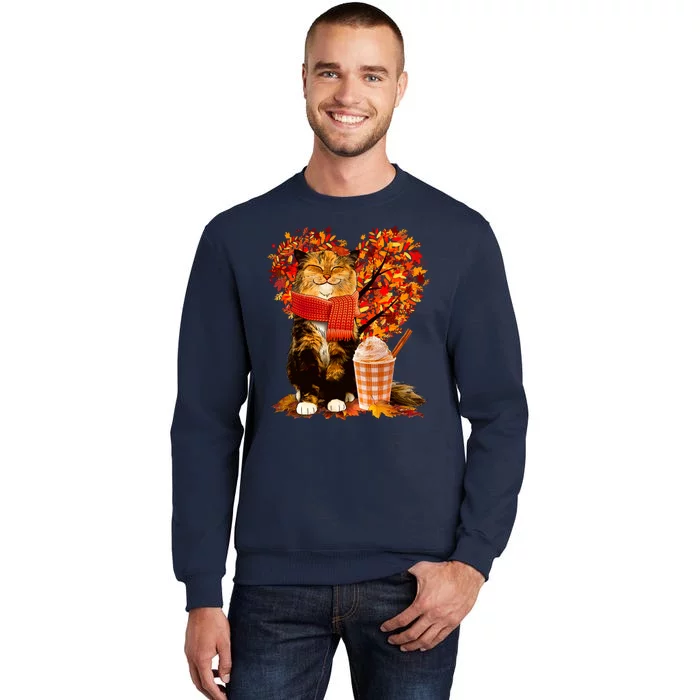 Cute Happy Autumn Cat With Pumpkin Spice Drink Fall Lover Tall Sweatshirt