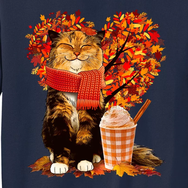 Cute Happy Autumn Cat With Pumpkin Spice Drink Fall Lover Tall Sweatshirt