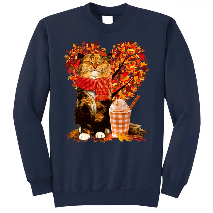 Cute Happy Autumn Cat With Pumpkin Spice Drink Fall Lover Tall Sweatshirt