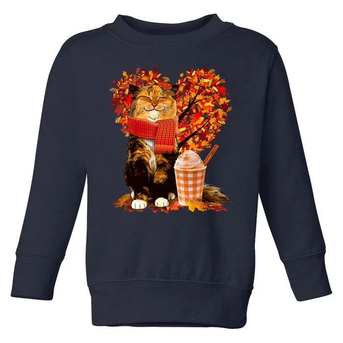 Cute Happy Autumn Cat With Pumpkin Spice Drink Fall Lover Toddler Sweatshirt