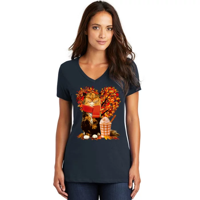 Cute Happy Autumn Cat With Pumpkin Spice Drink Fall Lover Women's V-Neck T-Shirt