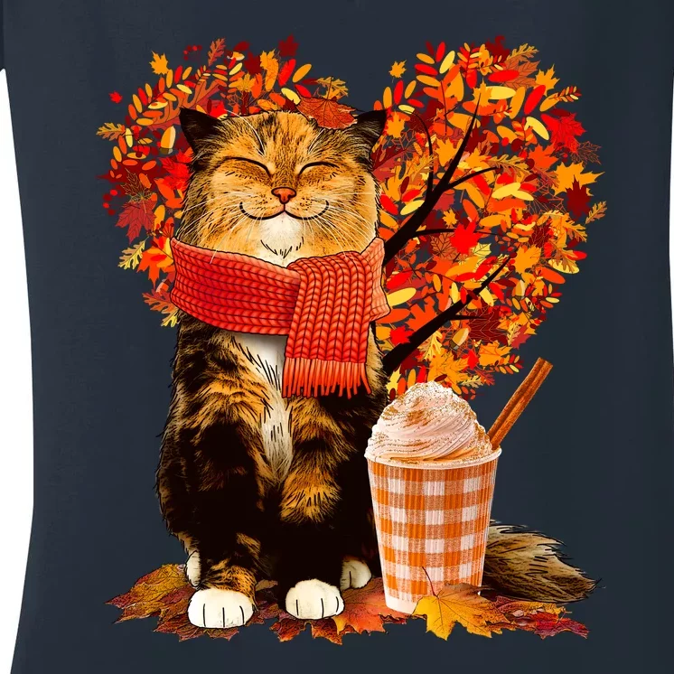 Cute Happy Autumn Cat With Pumpkin Spice Drink Fall Lover Women's V-Neck T-Shirt