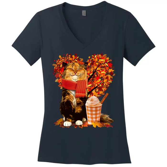 Cute Happy Autumn Cat With Pumpkin Spice Drink Fall Lover Women's V-Neck T-Shirt