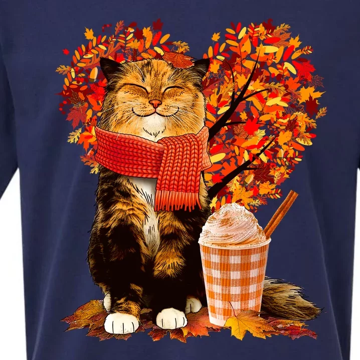 Cute Happy Autumn Cat With Pumpkin Spice Drink Fall Lover Sueded Cloud Jersey T-Shirt