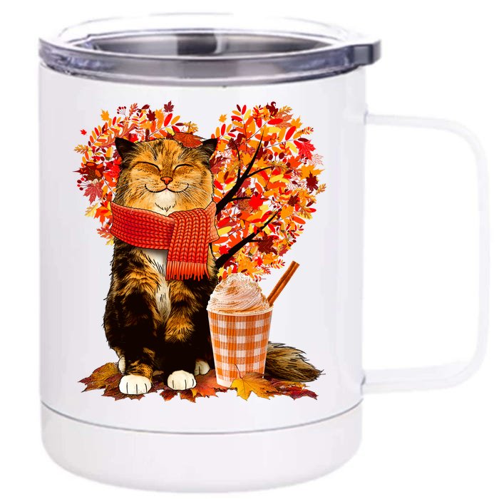 Cute Happy Autumn Cat With Pumpkin Spice Drink Fall Lover Front & Back 12oz Stainless Steel Tumbler Cup