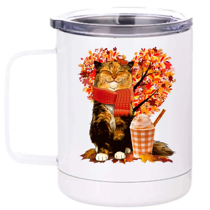 Cute Happy Autumn Cat With Pumpkin Spice Drink Fall Lover Front & Back 12oz Stainless Steel Tumbler Cup