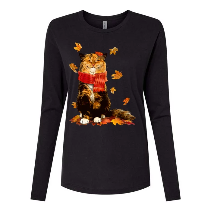 Cute Happy Autumn Cat Fall Season Lover Womens Cotton Relaxed Long Sleeve T-Shirt